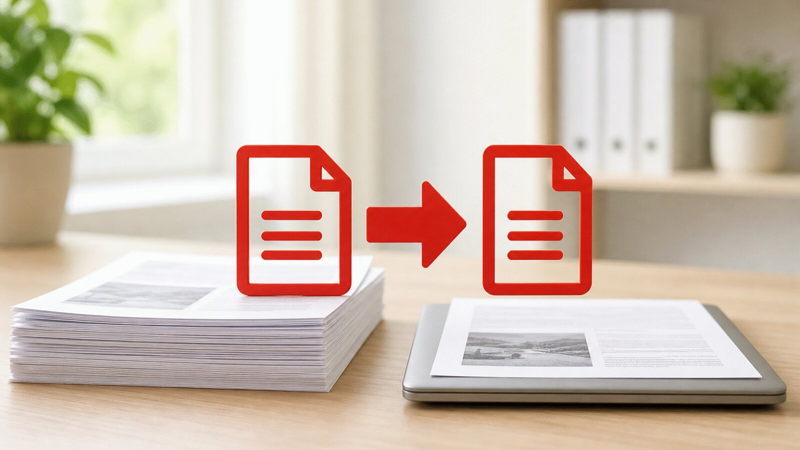 Kinyomtatott lapokból álló köteg egy táblagépen látható vékony dokumentum mellett, a kisebb PDF szemléltetéseként