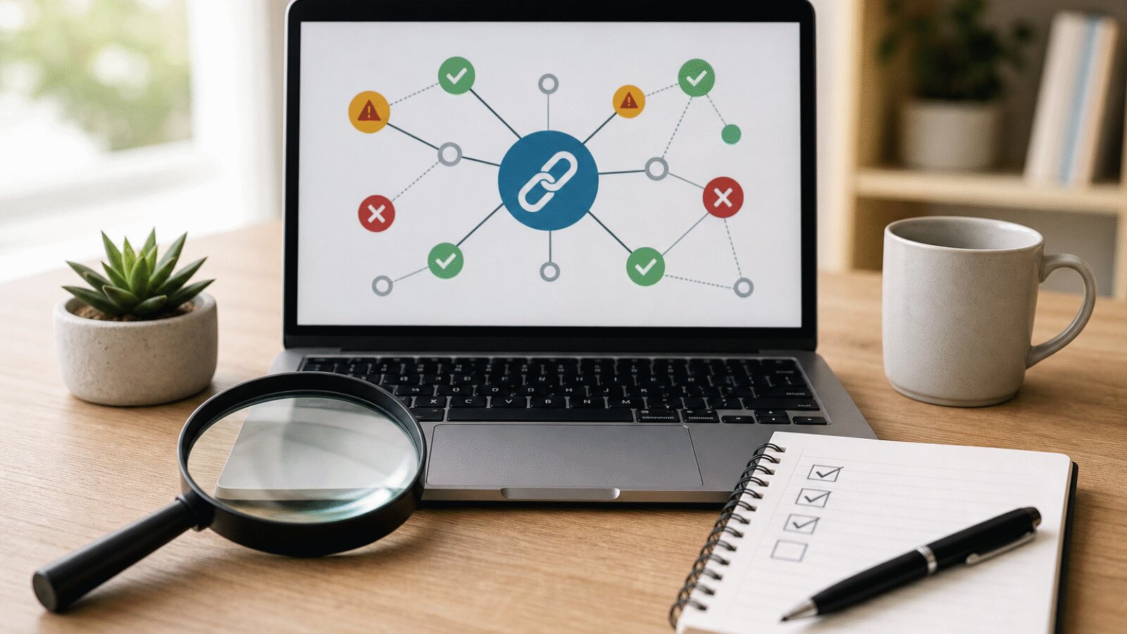 Visszamutató linkek hálózatának ellenőrzése egy laptop képernyőjén