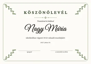 Oklevél minta: Köszönőlevél