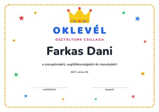 Oklevél minta: Az osztály csillaga